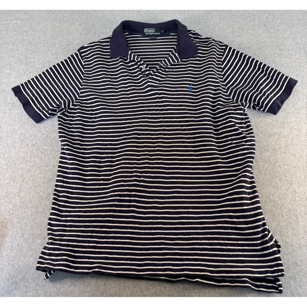 Ralph Lauren Men's XL Navy Blue White Striped Cotton Polo Shirt Short Sleeve